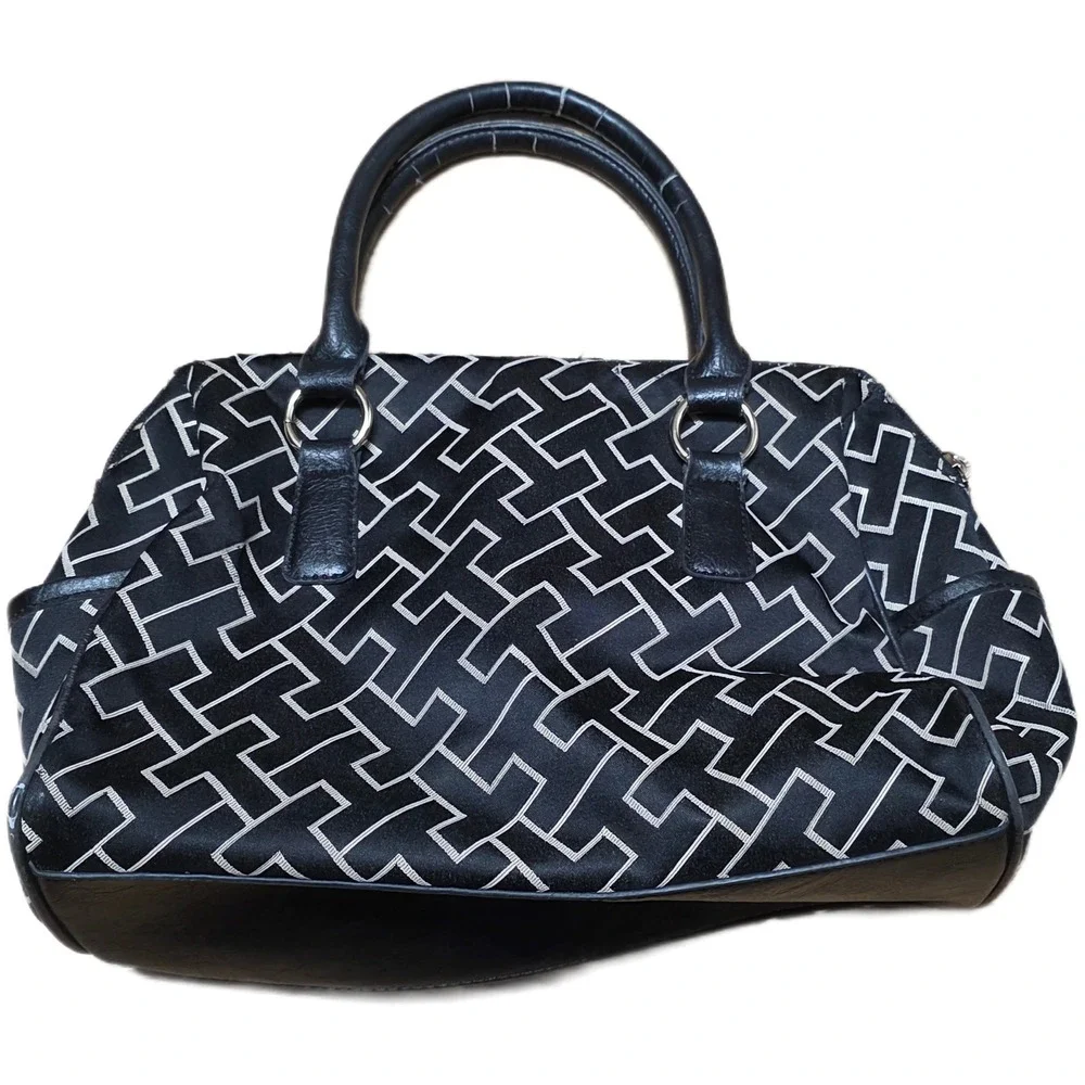 Tommy Hilfiger‎ Satchel Handbag Purse Black White Geometric Print Faux Leather